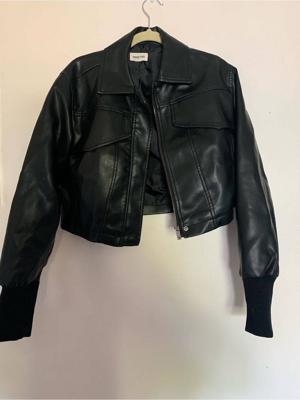 Open Edit Black Faux Leather Cropped Jacket